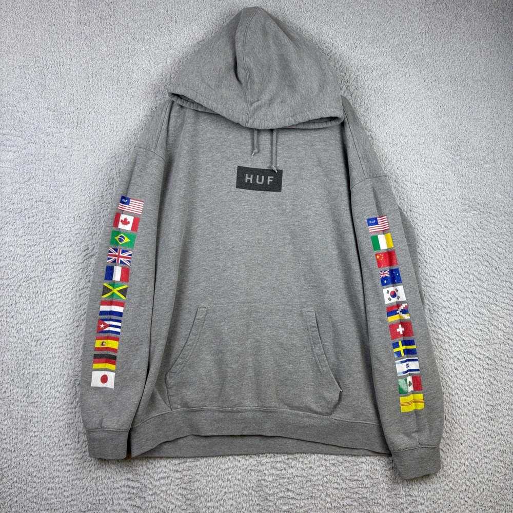 HUF Hoodie Mens XXL Gray International Flags Logo Skater Streetwear Sweatshirt
